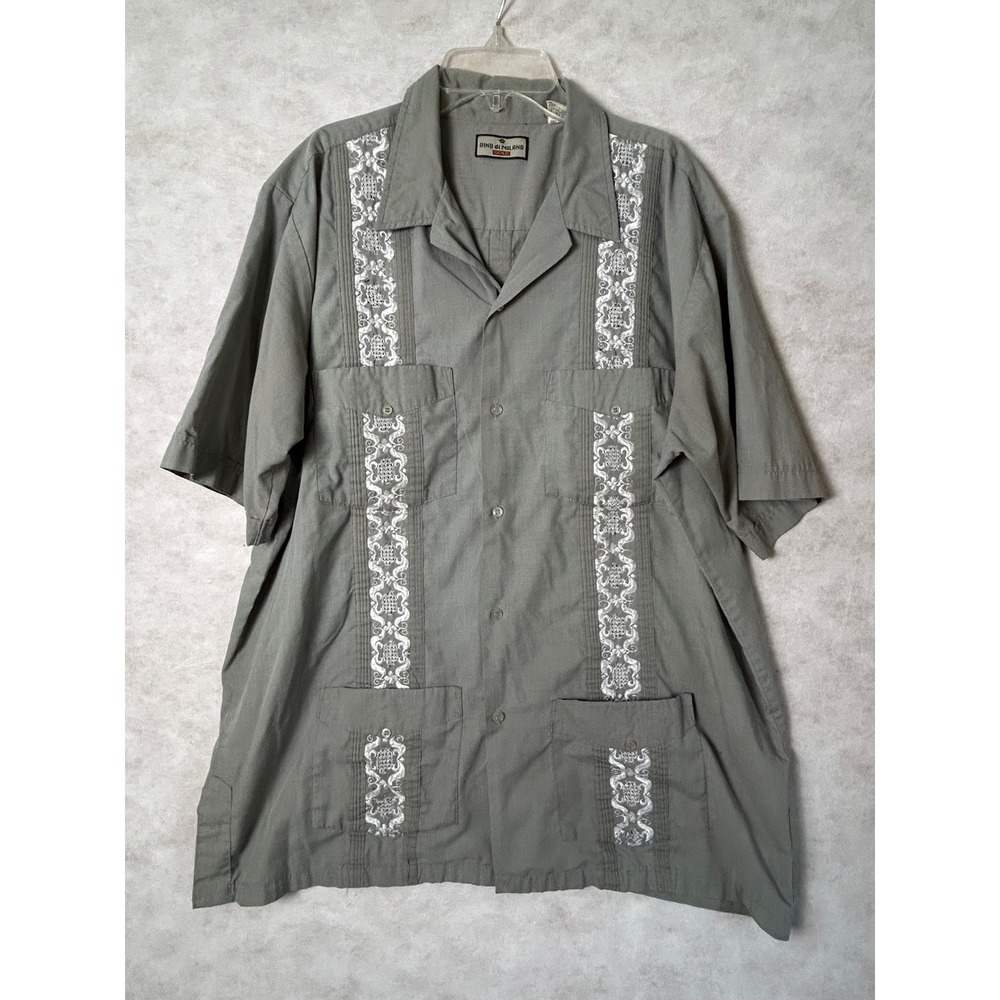 Vintage Dino di Milano Gold Guayabera Shirt Mens XL Olive Grey Embroidered